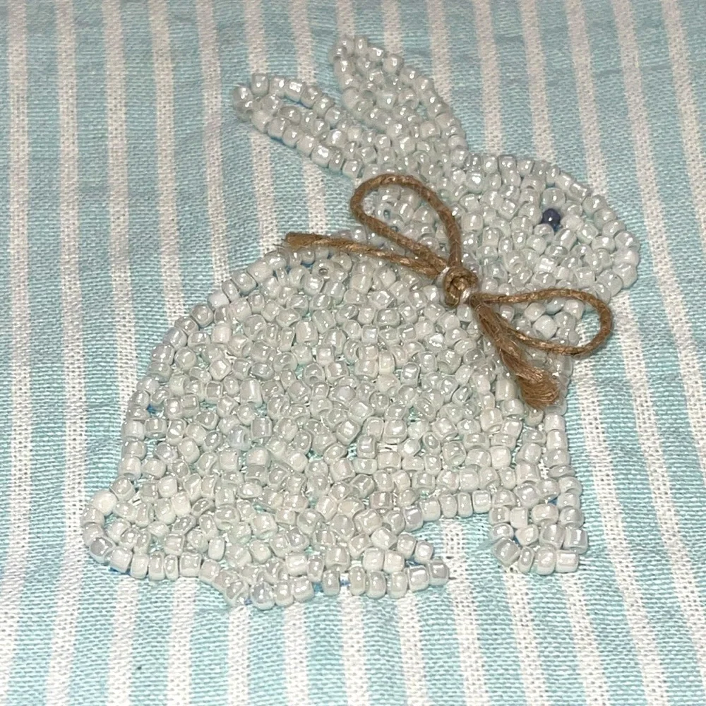 NWT- MUDPIE -Striped Blue Tea Towel with beaded Bunny Design